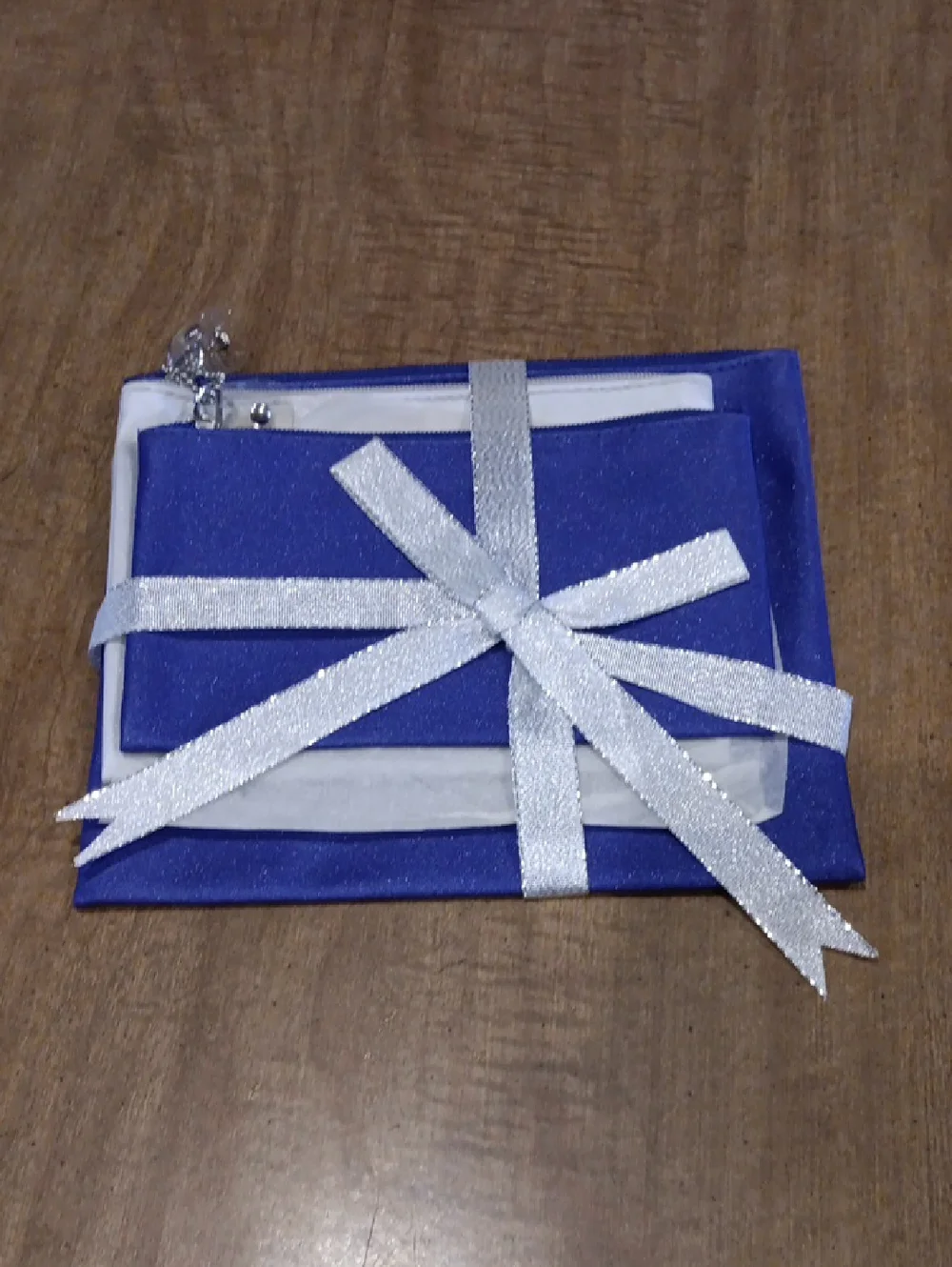 Blue and Silver Gift-Wrapped Pouch Set with Silver Ribbon